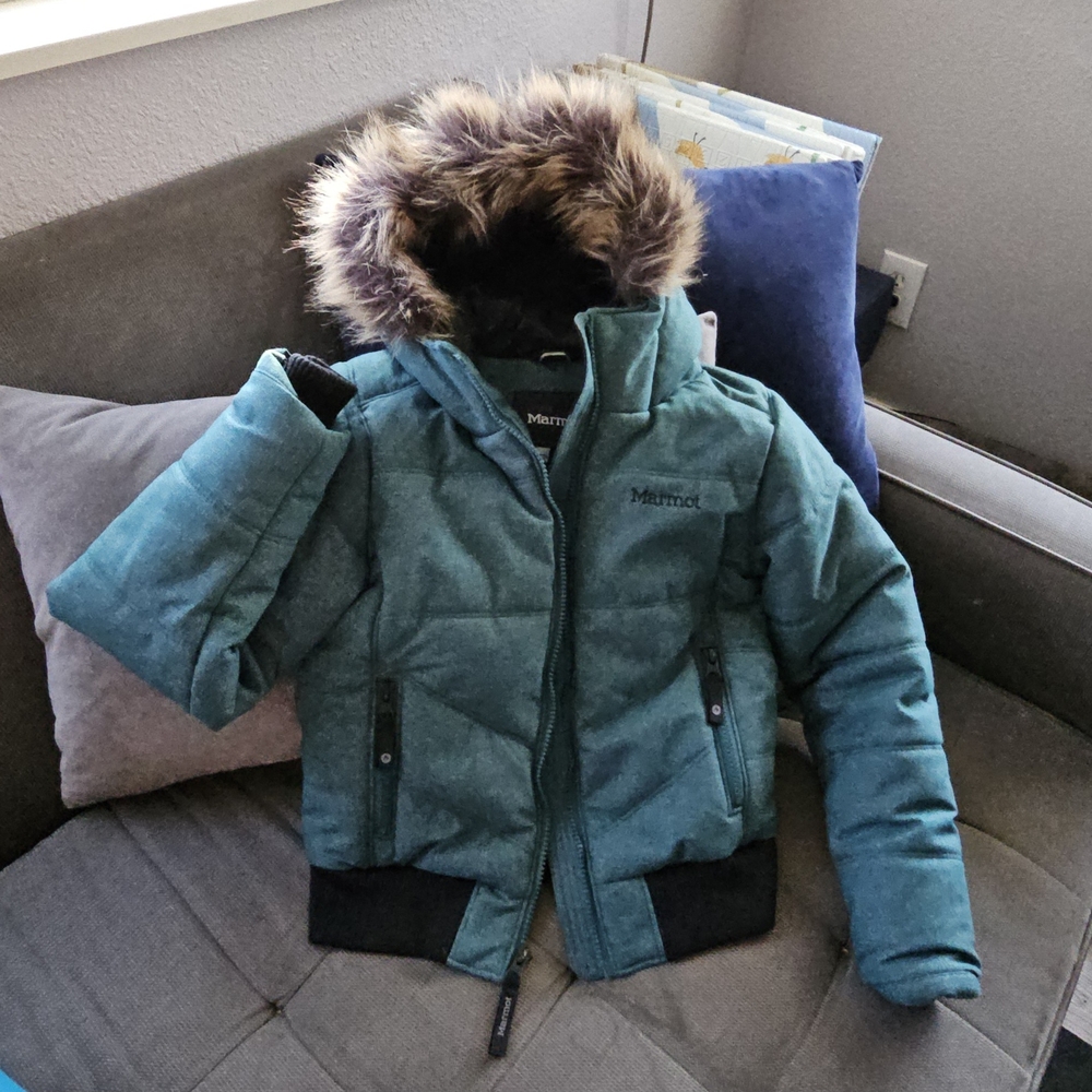 Marmot Girls Small Teal Blue Puffer Jacket with Faux Fur Hood
